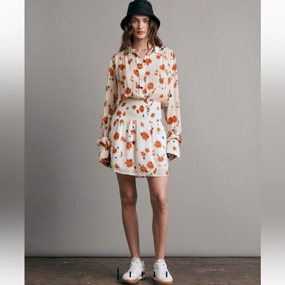 Rag & Bone Women's Bailey Floral Smocked Long Sleeve Mini Dress Pink Size M NWT - Picture 1 of 8